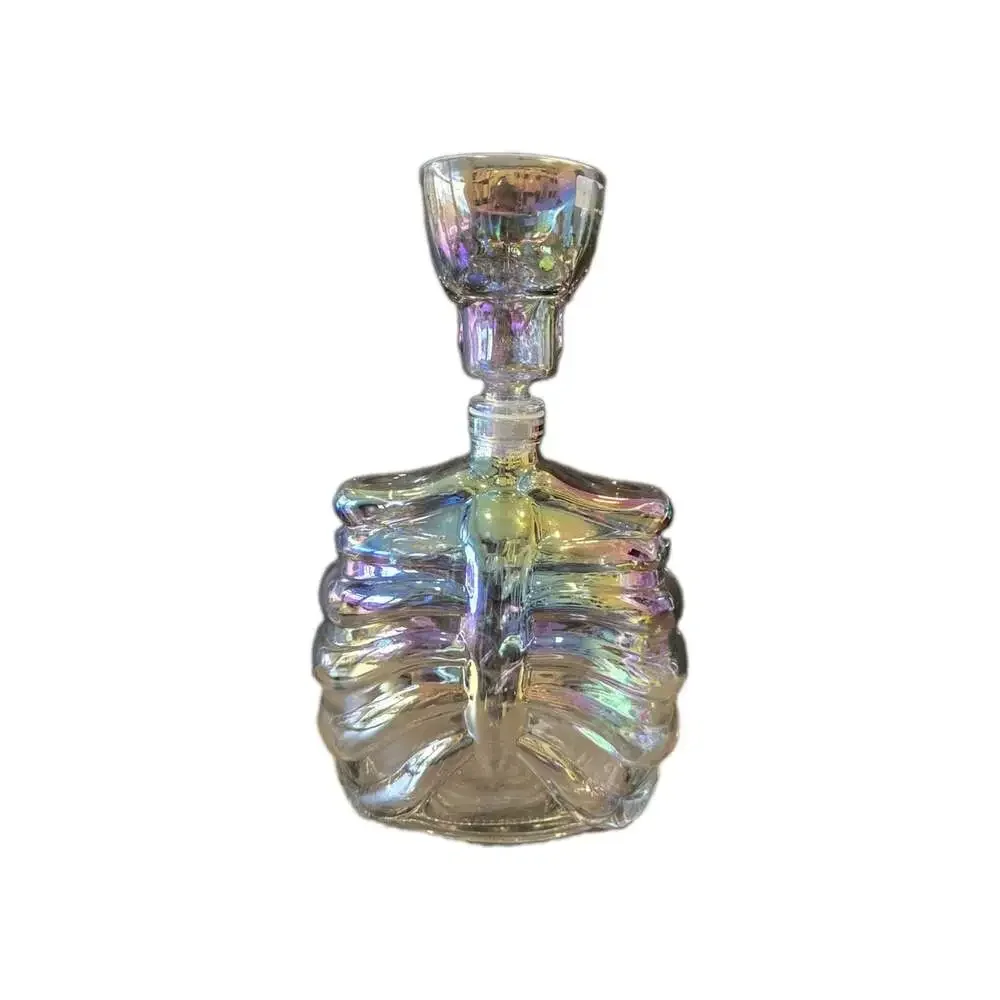 New Peal Glass Skeleton Rib Cage Decanter Bottle W/ Head Shot Glass Halloween